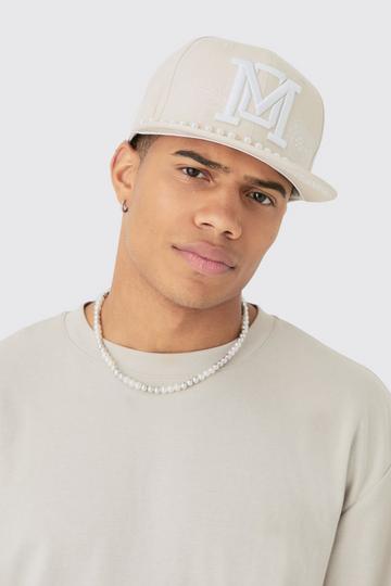 Pearl Embellishment Snapback In Stone stone