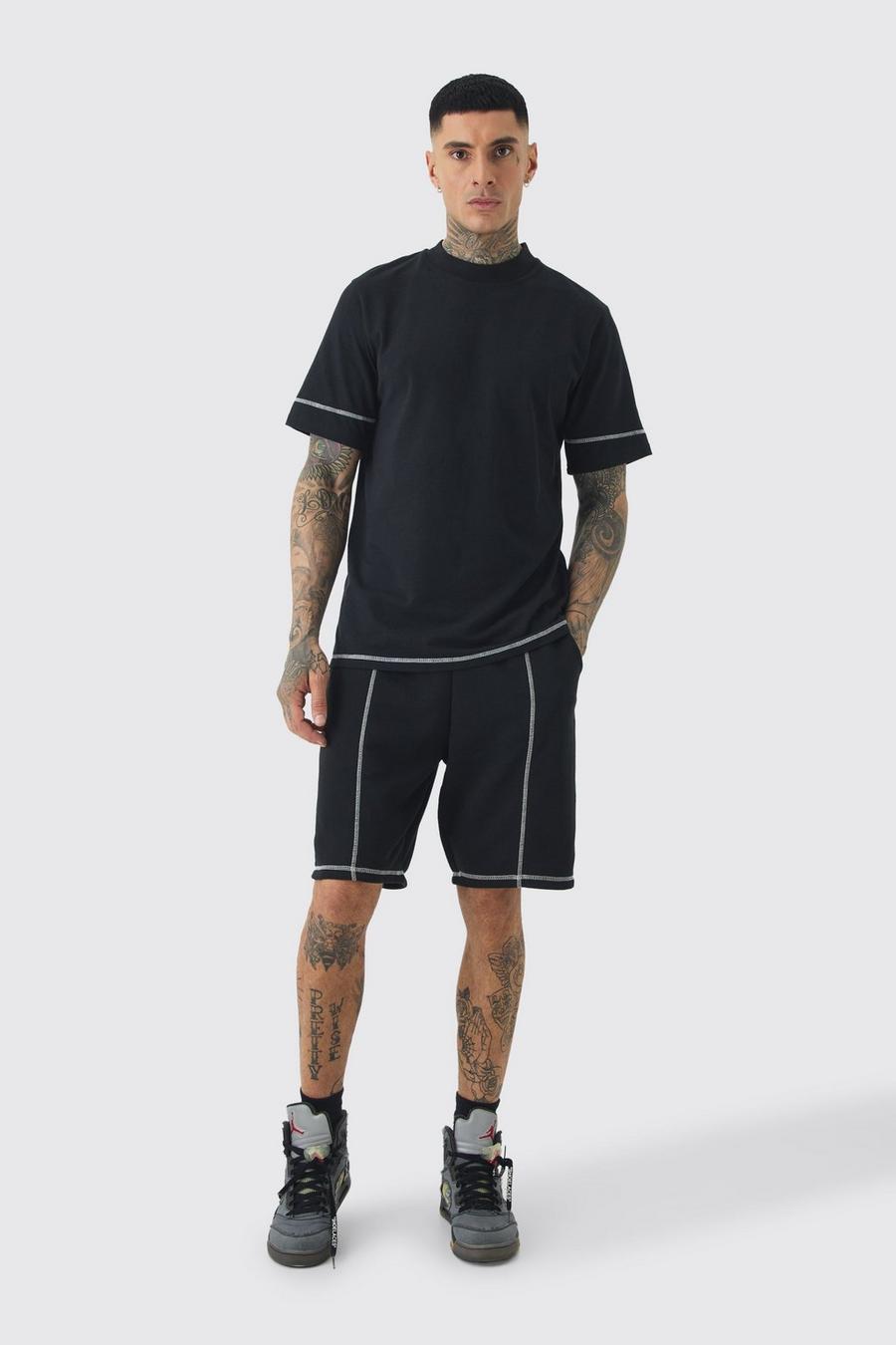 Black Tall Oversized Extended Contrast Sticth T-shirt & Short Set