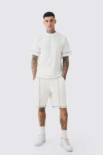 Tall Oversized Extended Contrast Stitch T-shirt & Short Set stone