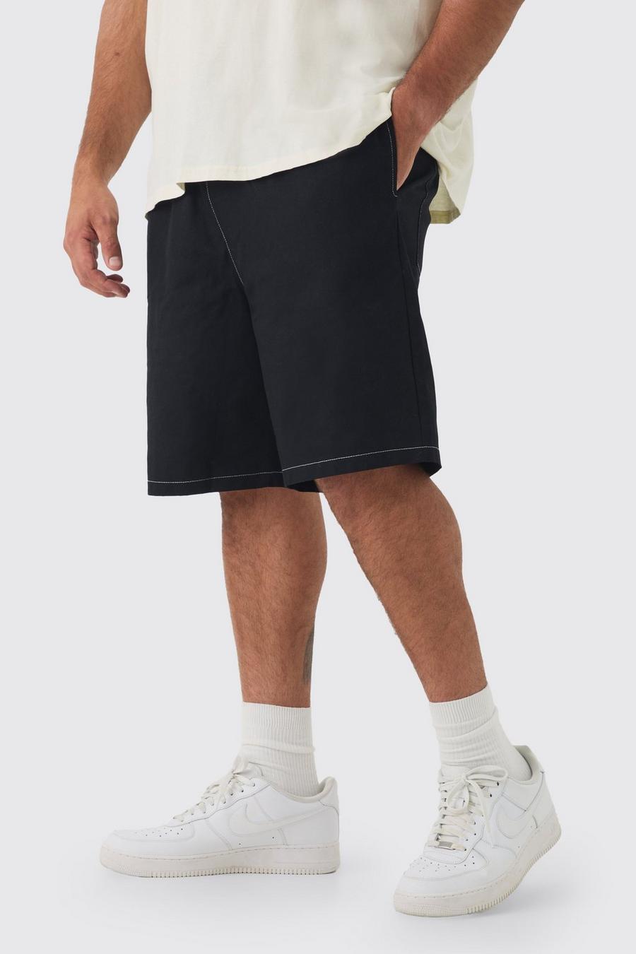 Black Plus Elasticated Waist Relaxed Twill Contrast Stitch Shorts