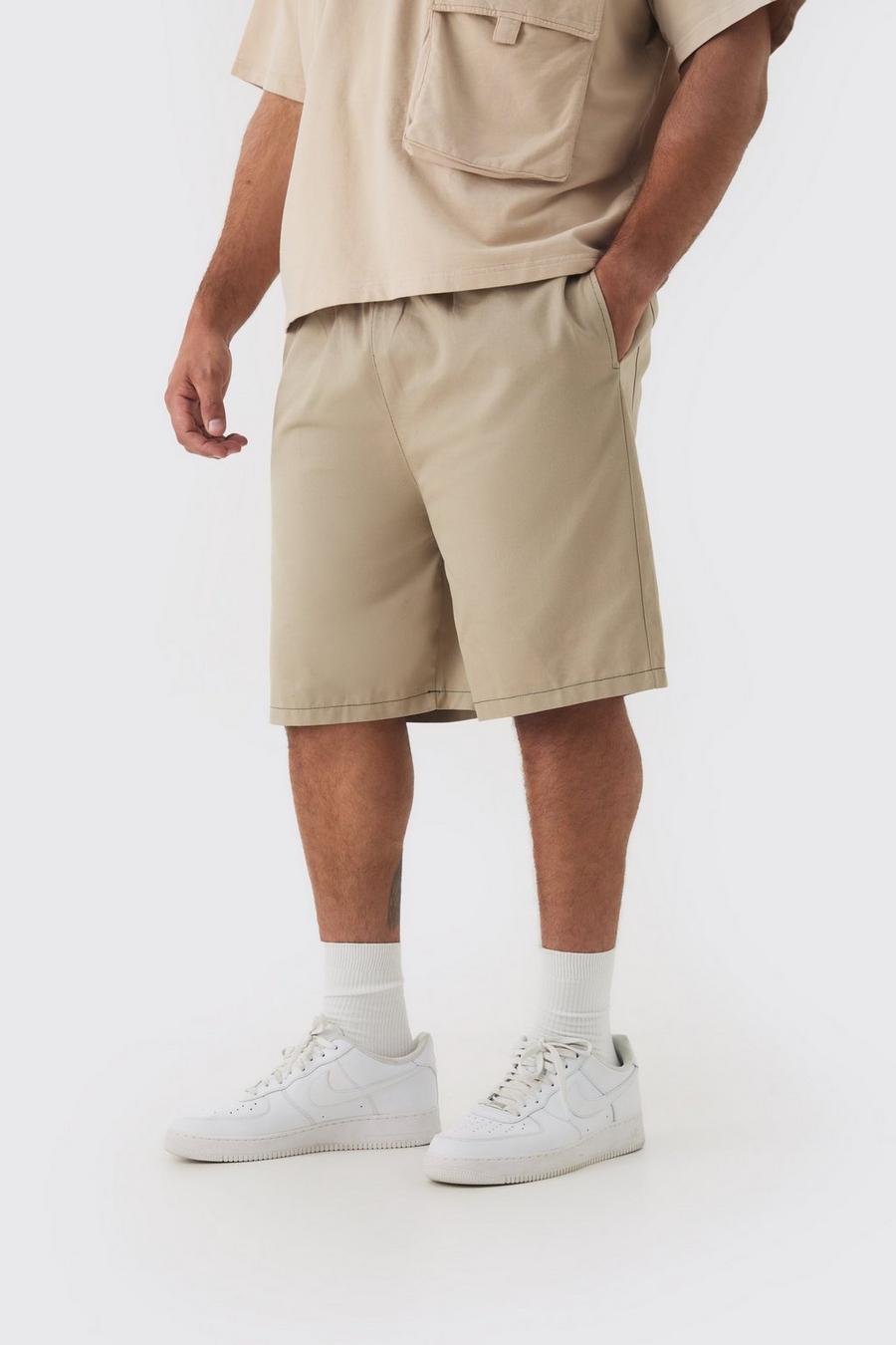 Stone Plus Elasticated Waist Relaxed Twill Contrast Stitch Shorts image number 1