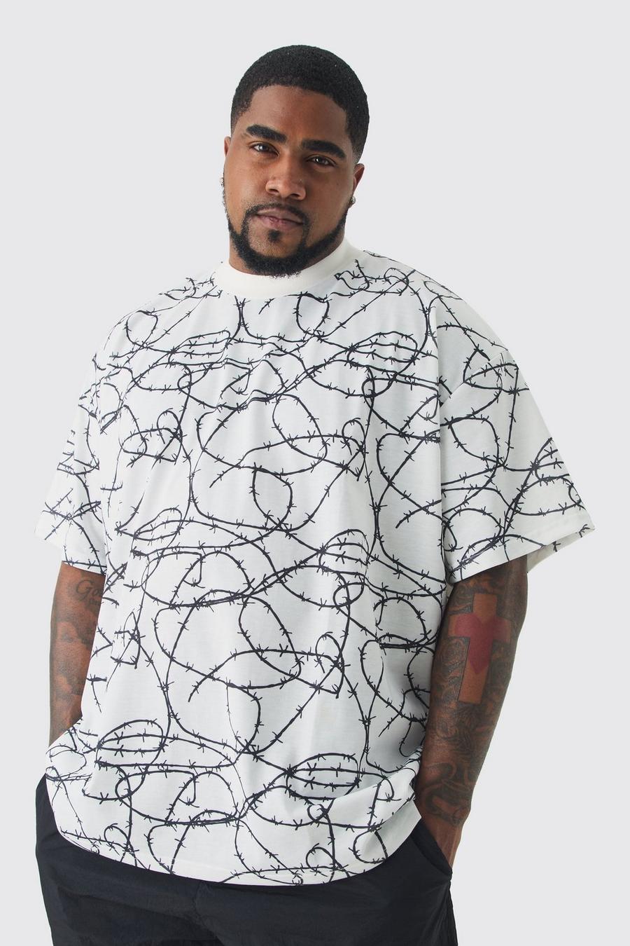 White Plus Oversized Extended Neck Barbwire Graphic T-shirt