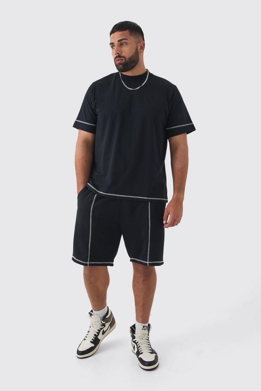 Black Plus Oversized Extended Contrast Stitch T-shirt & Short Set image number 1