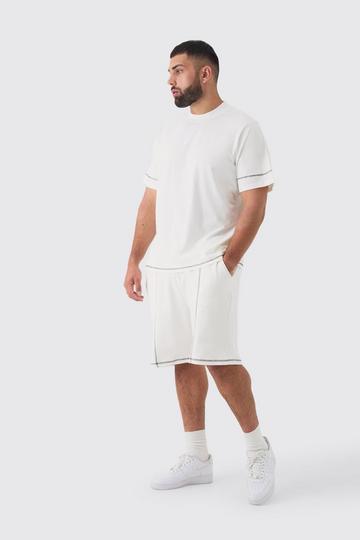 Plus Oversized Extended Neck Contrast Stitch T-shirt & Short Set stone