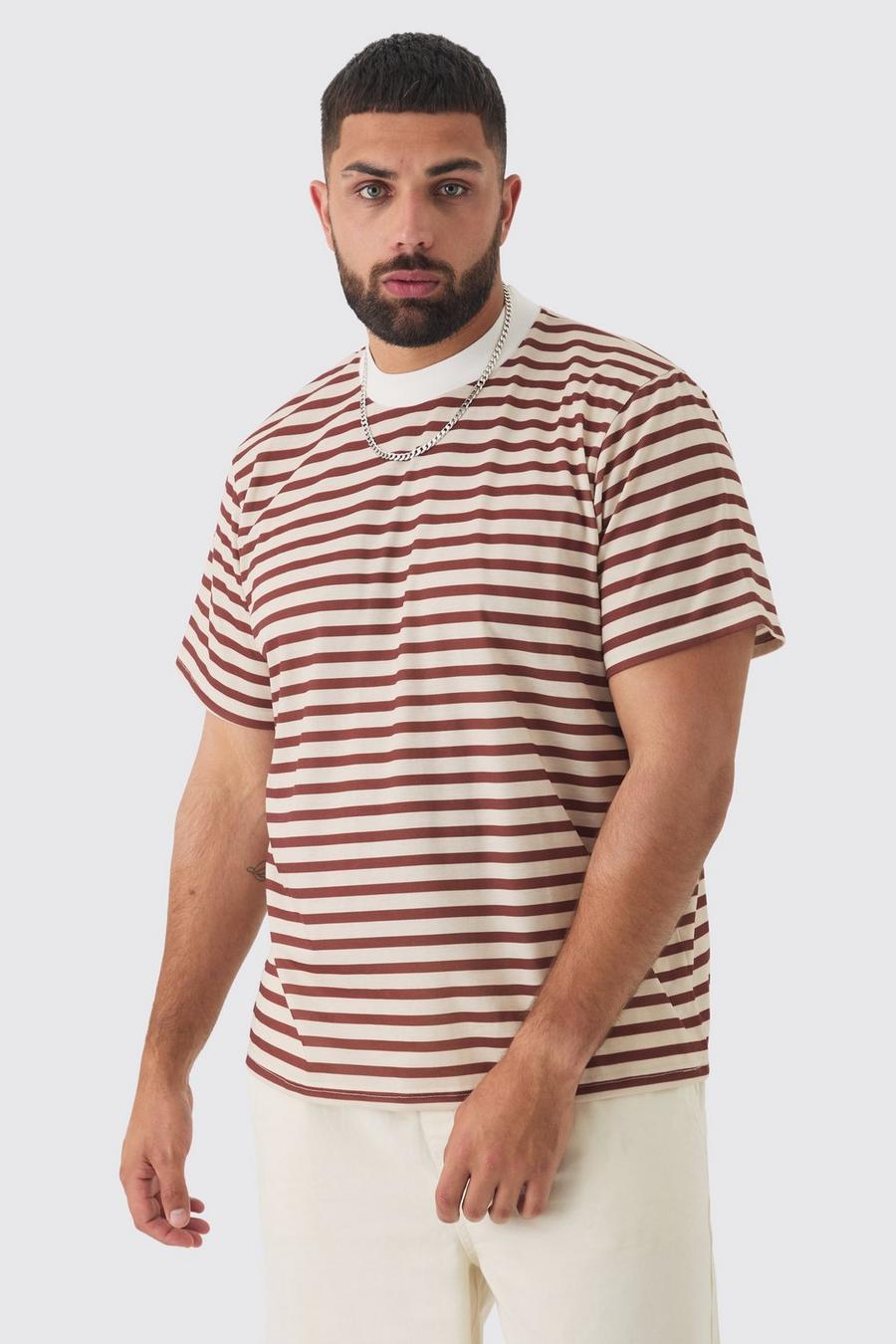 Brown Plus Extended Neck Stripe T-shirt image number 1