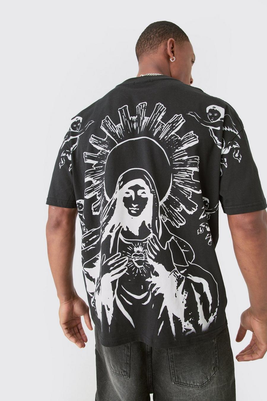 Black Oversized Over The Seam Renaissance Line Print T-shirt image number 1