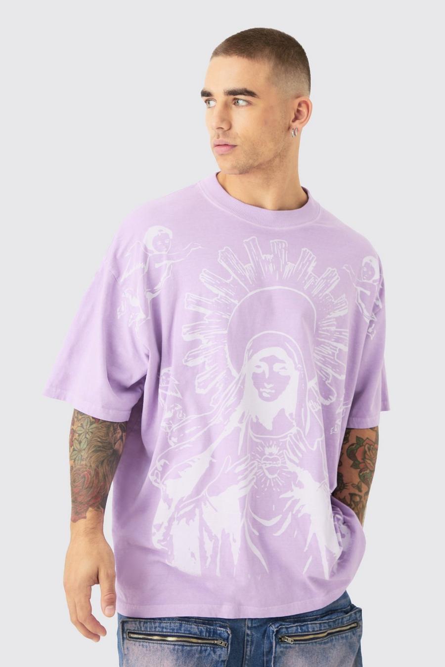 Purple Oversized Renaissance Lijntekening T-Shirt Met Print En Naaddetail