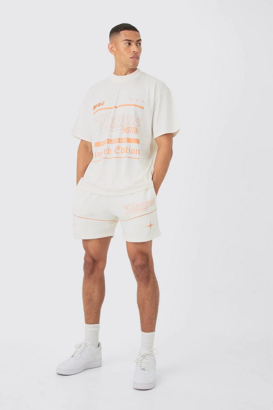 Ecru Oversized Extended Homme Text Graphic T-shirt And Short Set image number 1