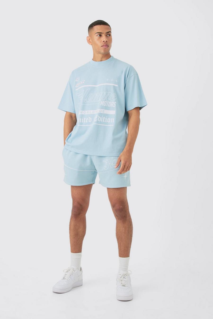 Light blue Oversized Extended Homme Text Graphic T-shirt And Short Set image number 1