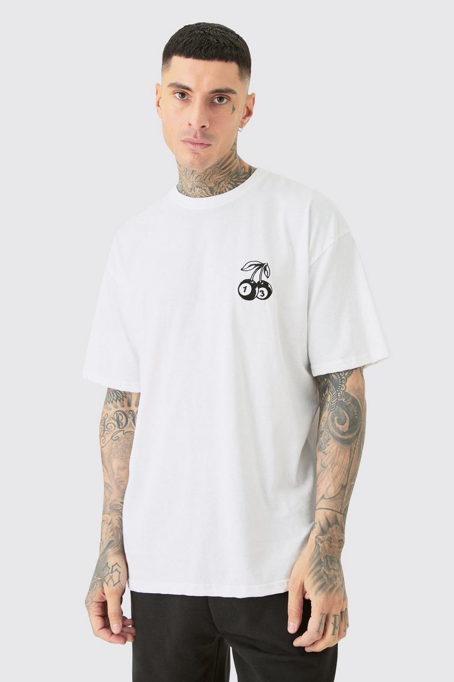 White Tall Oversized Geborduurd Kersen Dobbelstenen T-Shirt In Wit image number 1