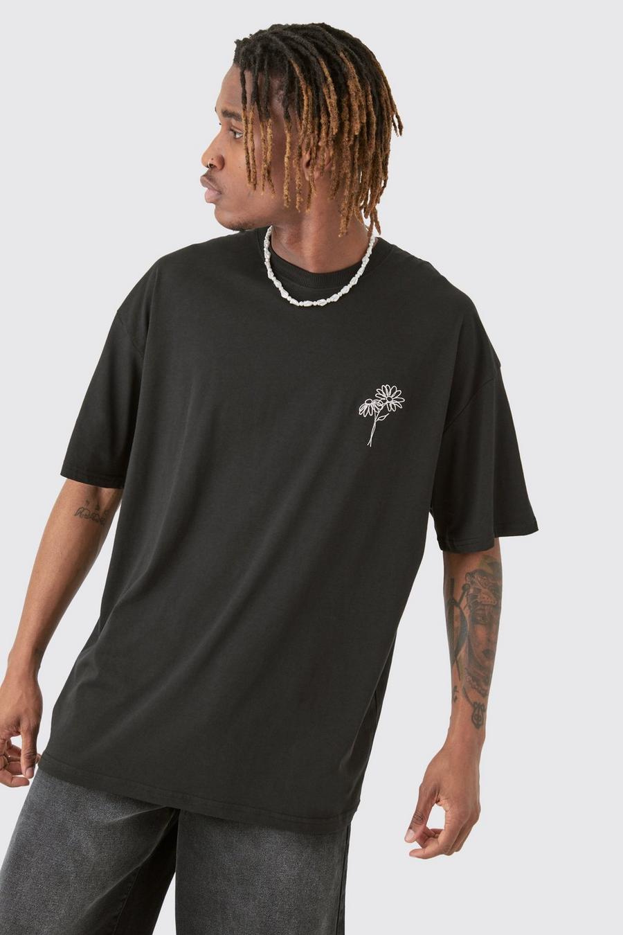 Black Tall Oversized Geborduurd Stencil Bloemen T-Shirt In Zwart