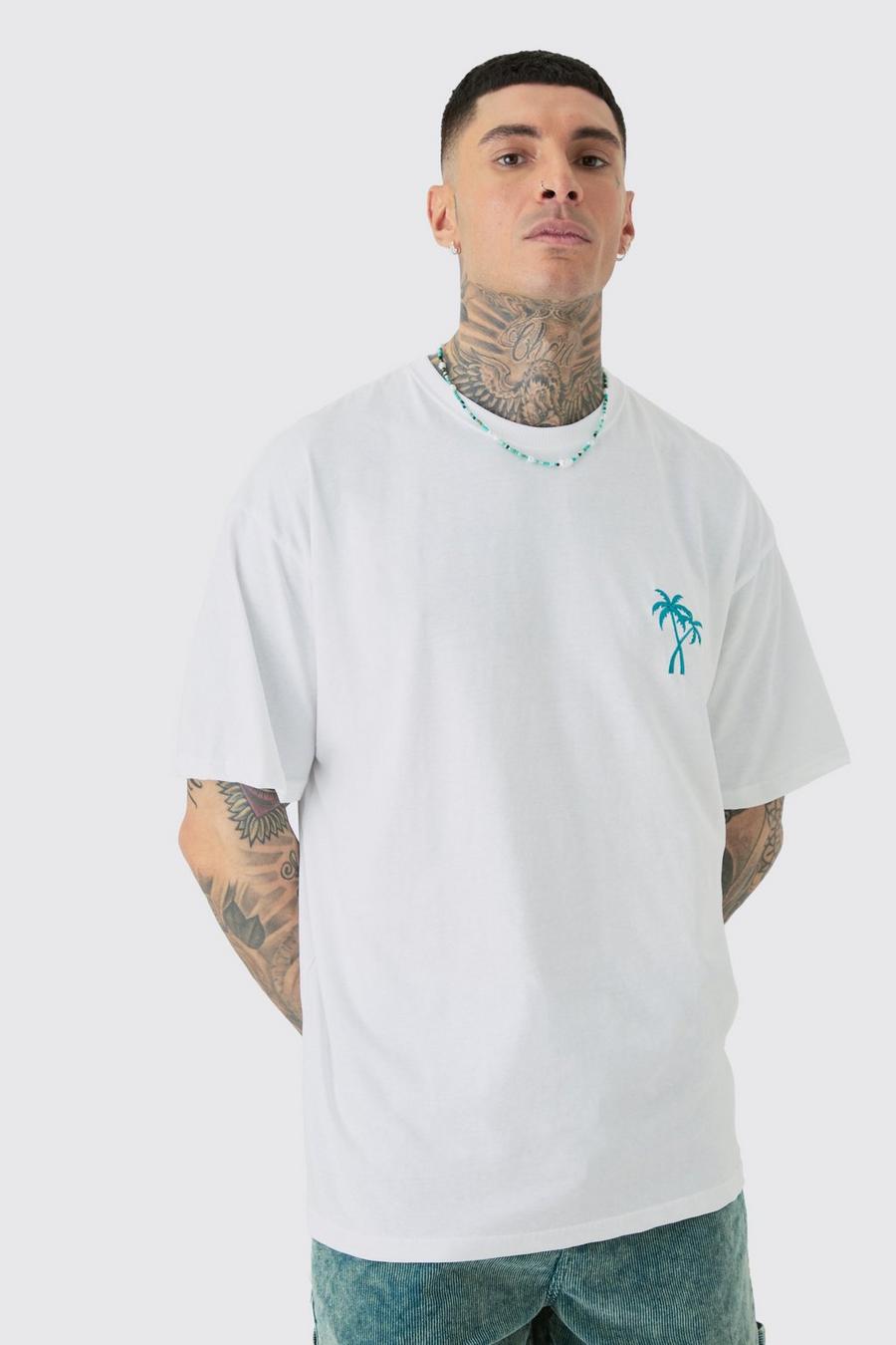 T-shirt Tall oversize bianca con ricamo di palma, White image number 1