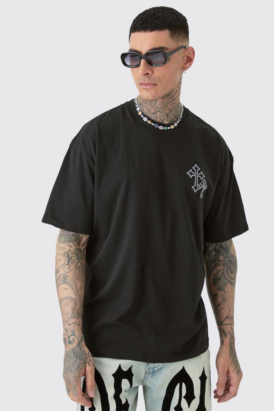 T-shirt Tall oversize nera con ricamo di croce, Black image number 1