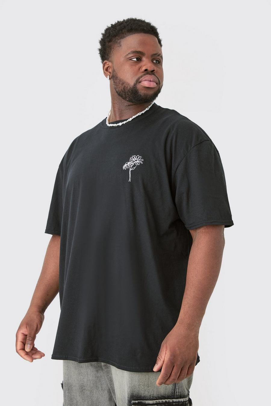 T-shirt Plus Size oversize nera con ricamo di fiori e stencil, Black image number 1