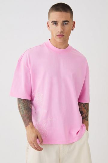 Pink Oversized Boxy Extended Neck Line Drawing T-shirt