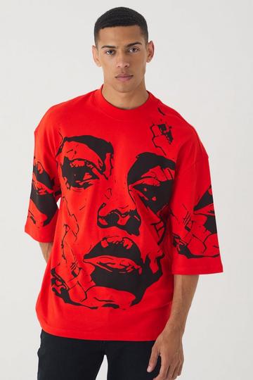 Oversized Extended Neck Heavyweight Interlock Face Graphic T-Shirt red