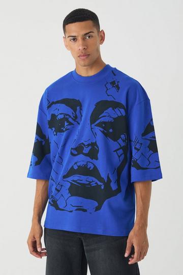 Oversized Dik Interlock Smiley T-Shirt Met Brede Nek En Print cobalt