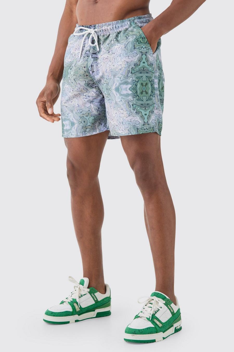 Green Mid Length Abstract Camo Swim Short  image number 1