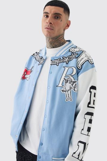 Blue Tall Oversized Limited Jersey Knit Varsity Jacket