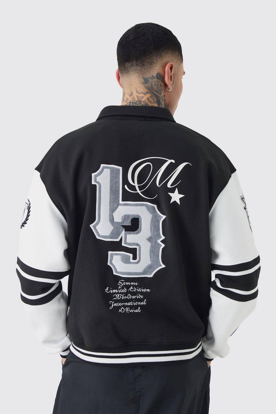 Black Tall Boxy 13 Applique Jersey Varsity Harrington Jacket image number 1