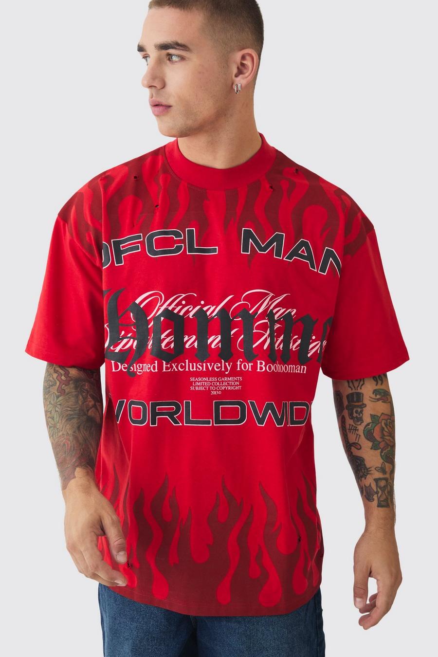 Red Oversized OFCL Man Homme Distressed Heavyweight T-shirt image number 1