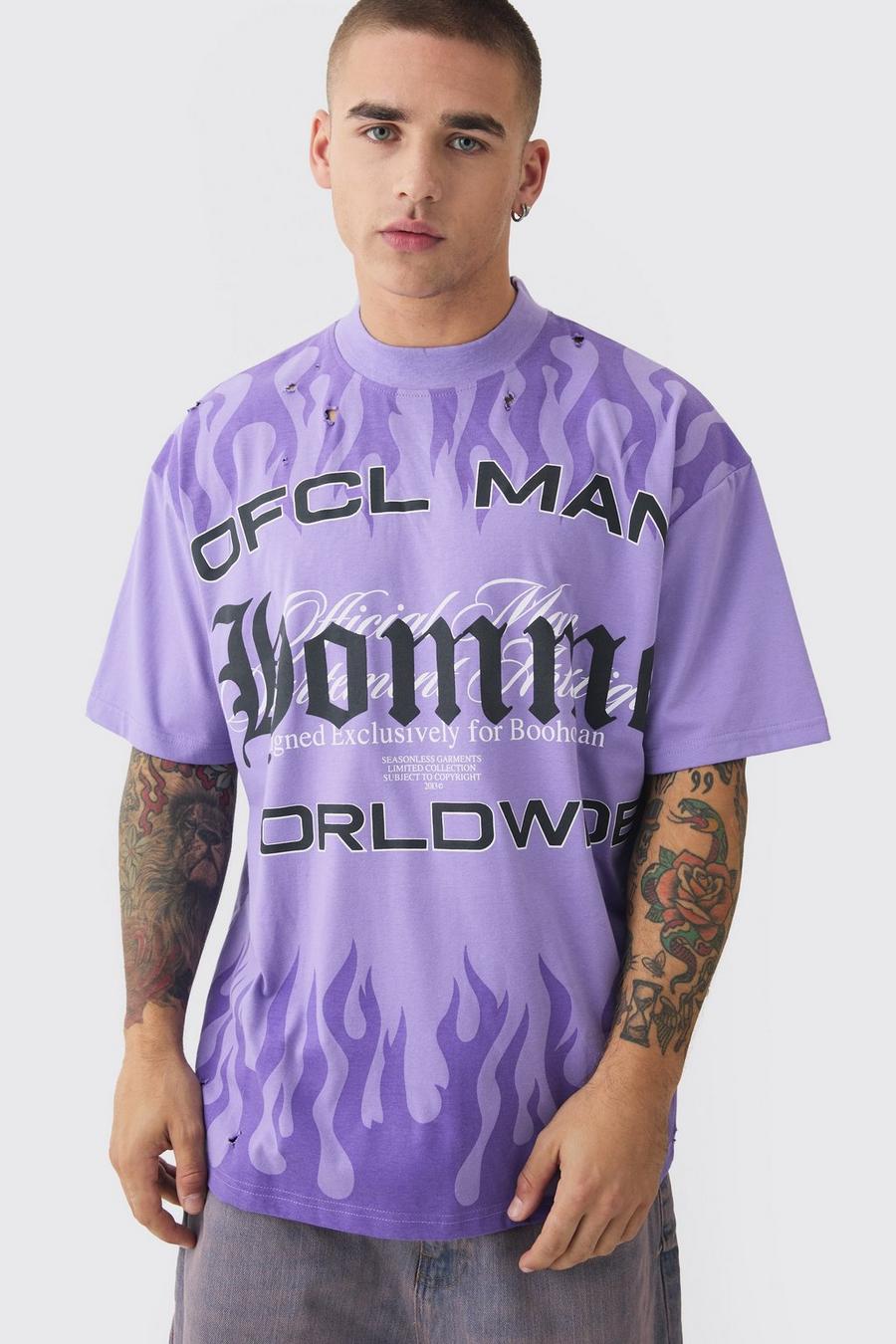Purple Oversized OFCL Man Homme Distressed Heavyweight T-shirt image number 1