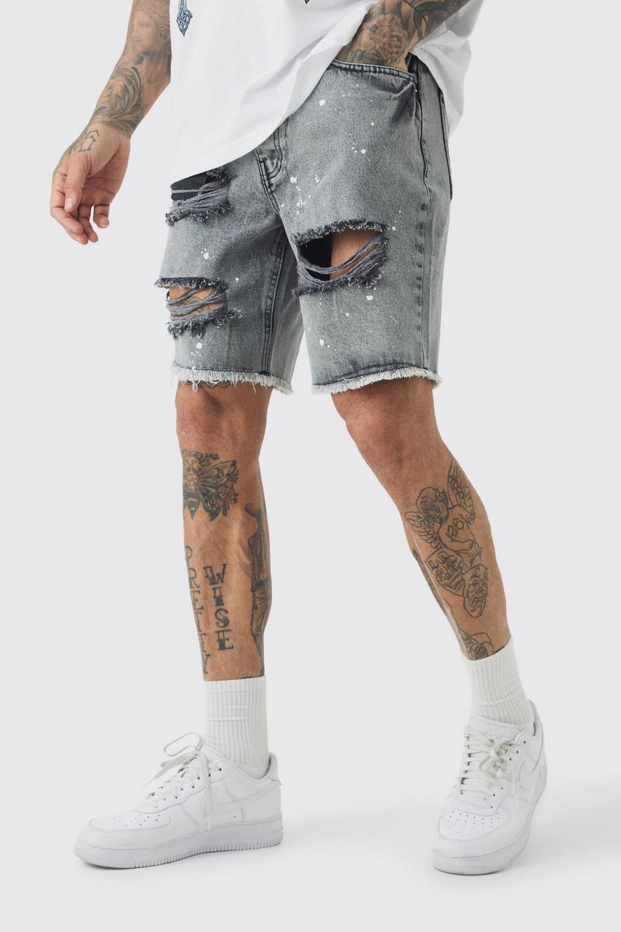 Tall Slim Rigid Ripped Paint Splatter Denim Shorts In Ice Grey