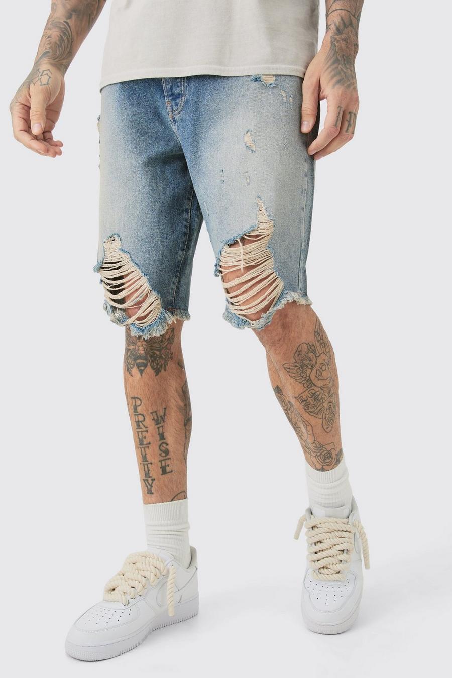 Tall Relaxed Rigid Long Length Ripped Denim Shorts In Ice Blue