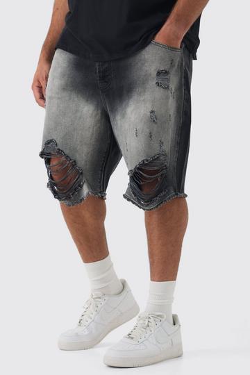 Plus Relaxed Rigid Long Length Ripped Jean Shorts In Washed Black washed black