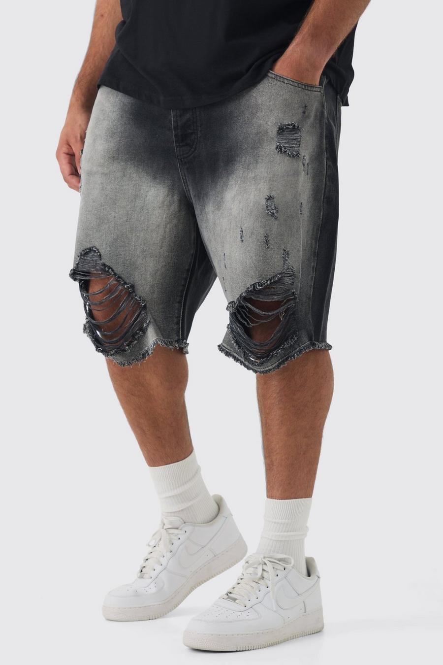 Plus Relaxed Rigid Long Length Ripped Denim Shorts In Washed Black