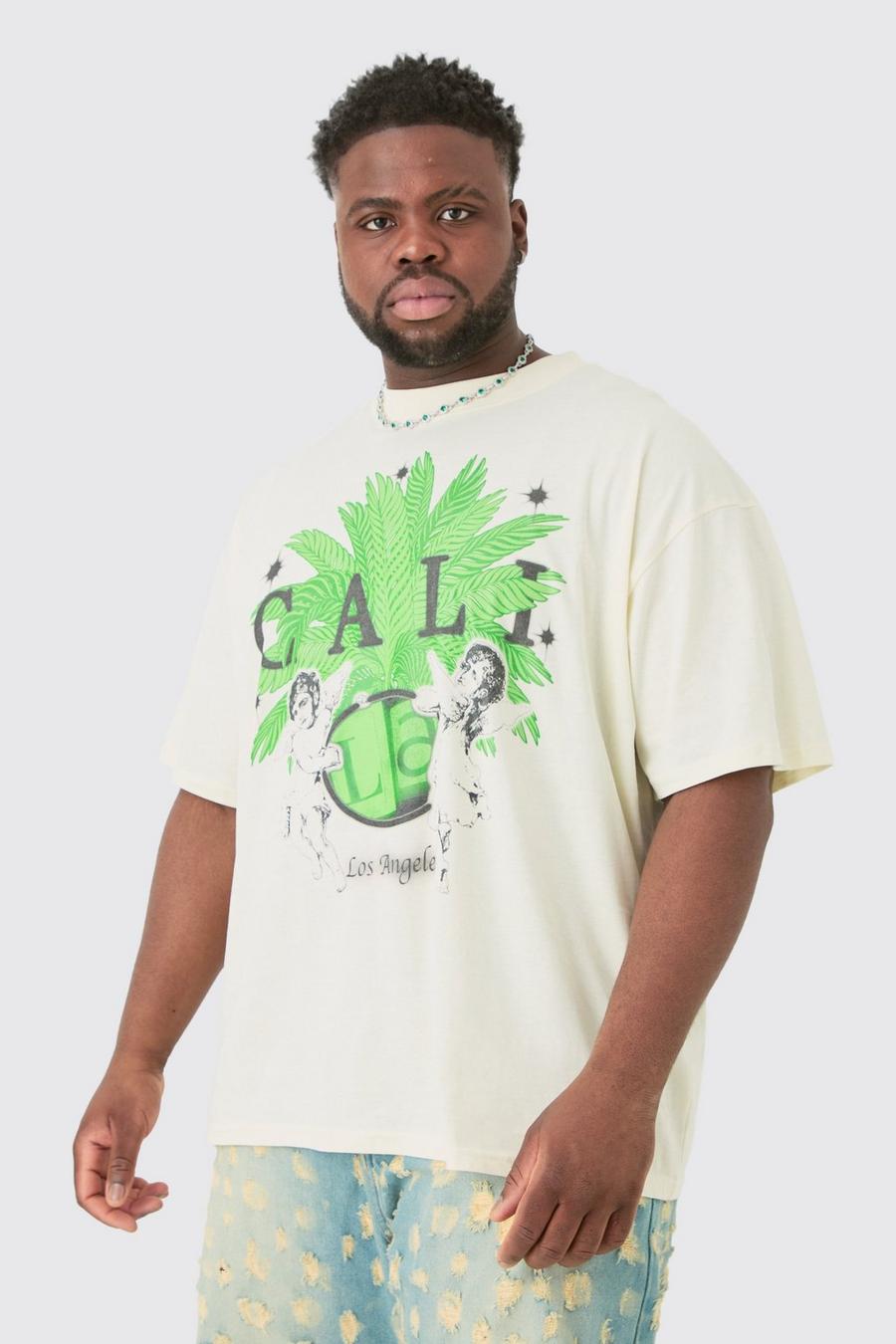 T-shirt Plus Size oversize con stampa di angioletto e girocollo esteso, Ecru image number 1