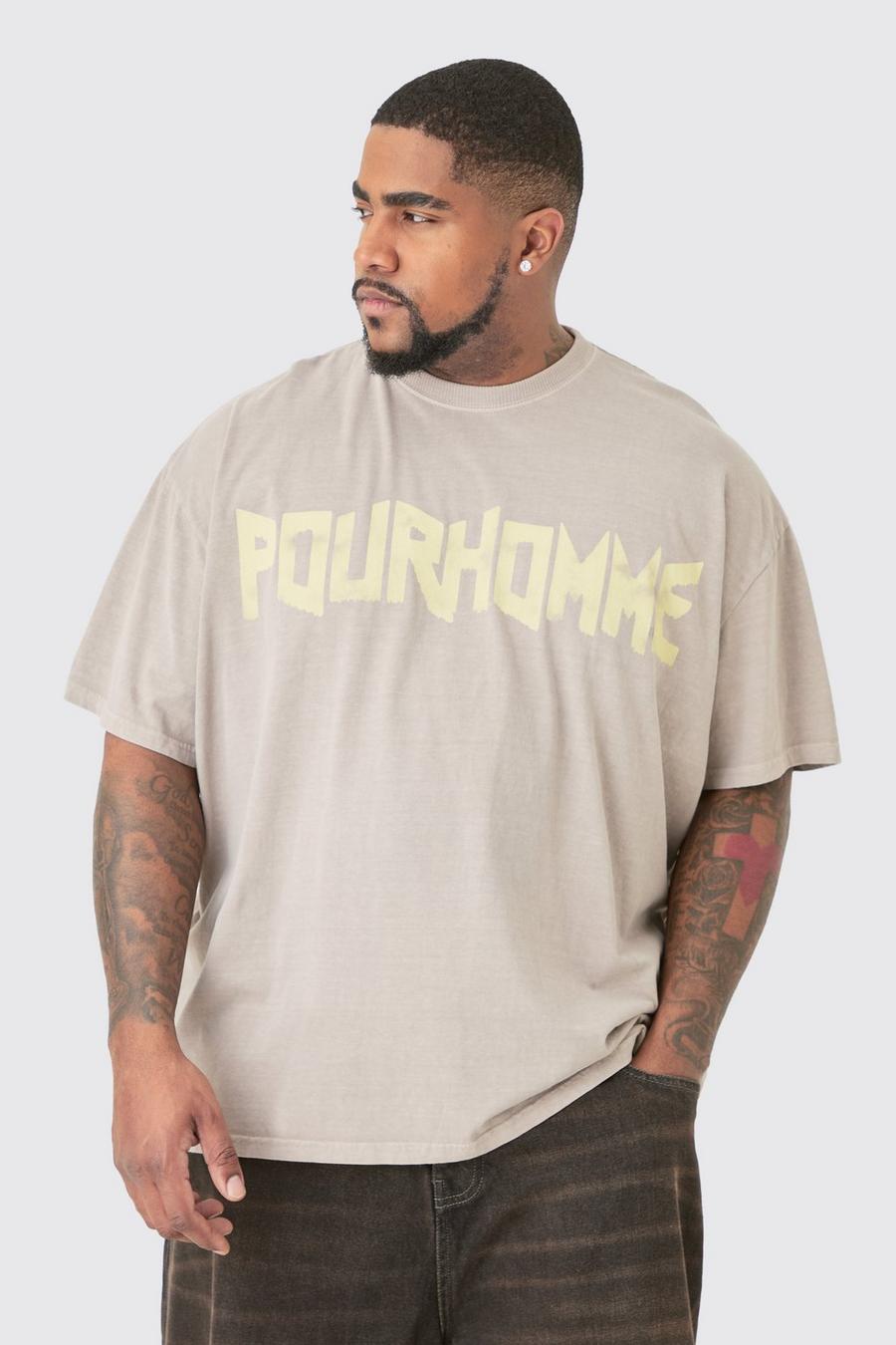 Plus Oversize T-Shirt mit Pour Homme Print, Charcoal