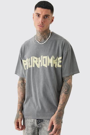 Tall Oversized Washed Pour Homme Graphic T-Shirt charcoal