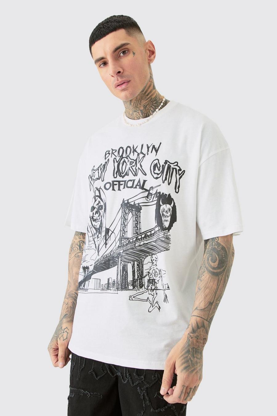 White Tall Oversized Official City T-Shirt Met Print image number 1