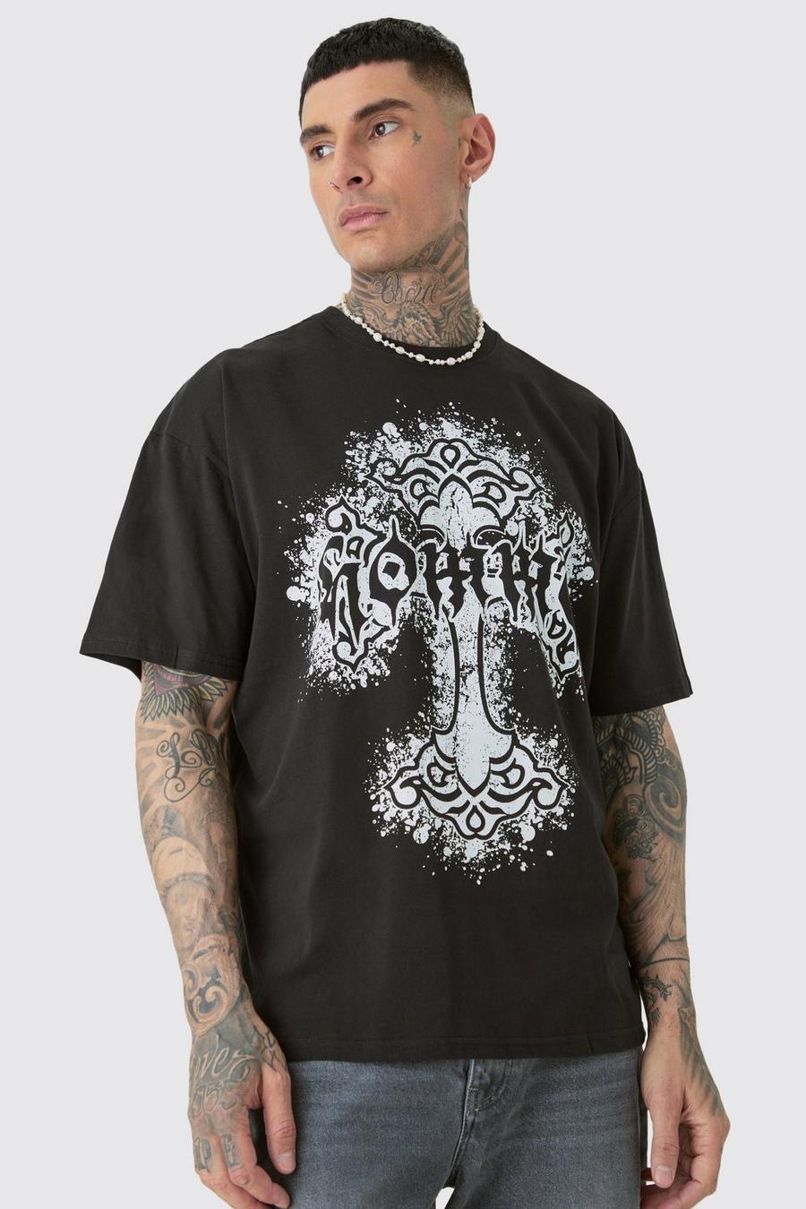 Black Tall Oversized Homme Cross Front & Back Print T-shirt
