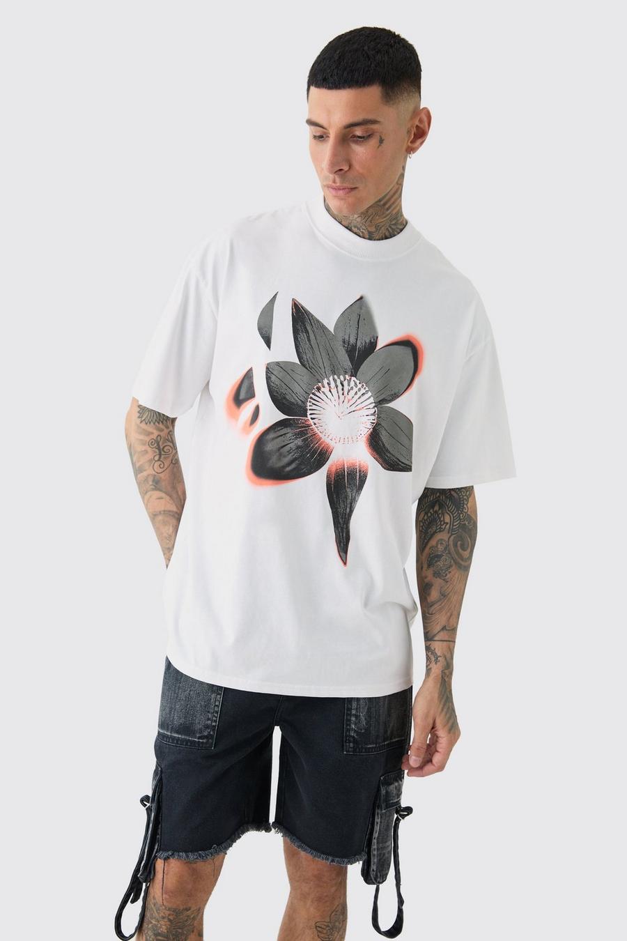 White Tall Oversized Extended Neck Abstract Floral Print T-shirt image number 1