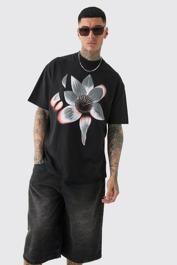 Tall Oversized Extended Neck Abstract Floral Print T-shirt black