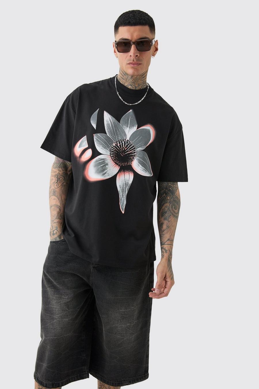 Black Tall Oversized Abstract Bloemen T-Shirt Met Brede Nek