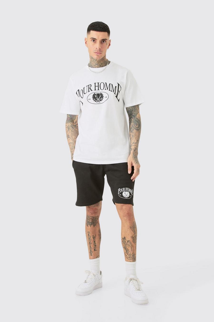 Tall T-Shirt mit Pour Homme Print & Shorts, White image number 1