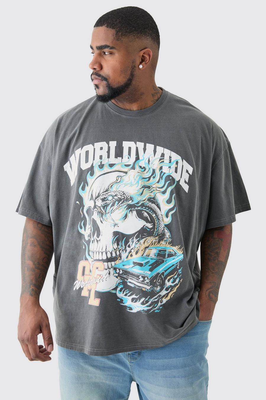 T-shirt Plus Size Worldwide in lavaggio acido con caratteri gotici, Grey