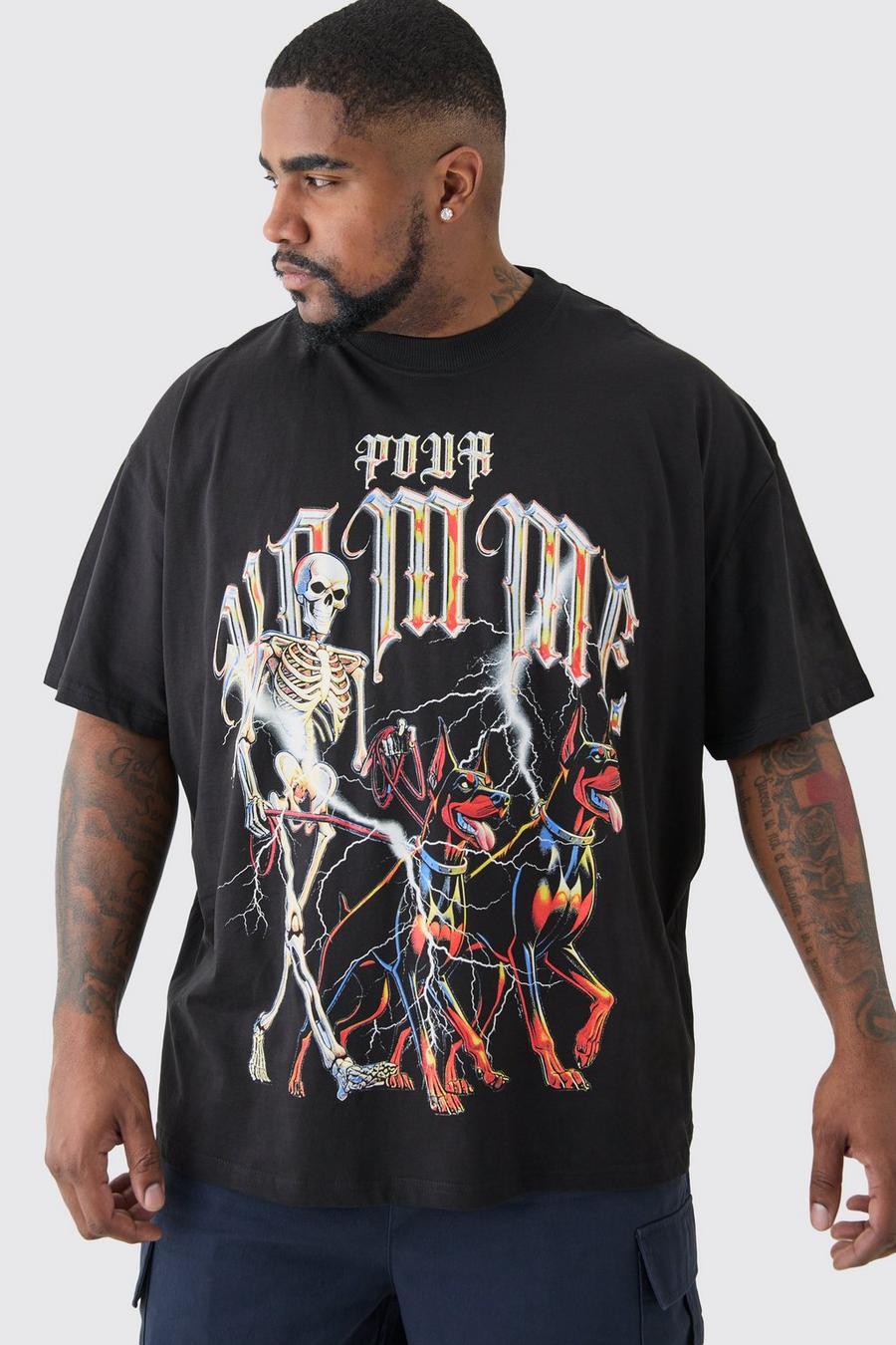 Plus schwarzes Pour Homme T-Shirt mit Skelett-Print, Black