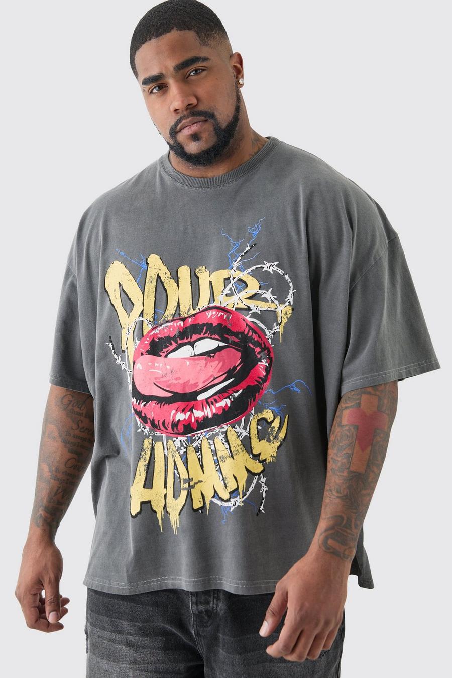 Plus T-Shirt mit Pour Homme Lippen-Print und Acid-Waschung, Grey