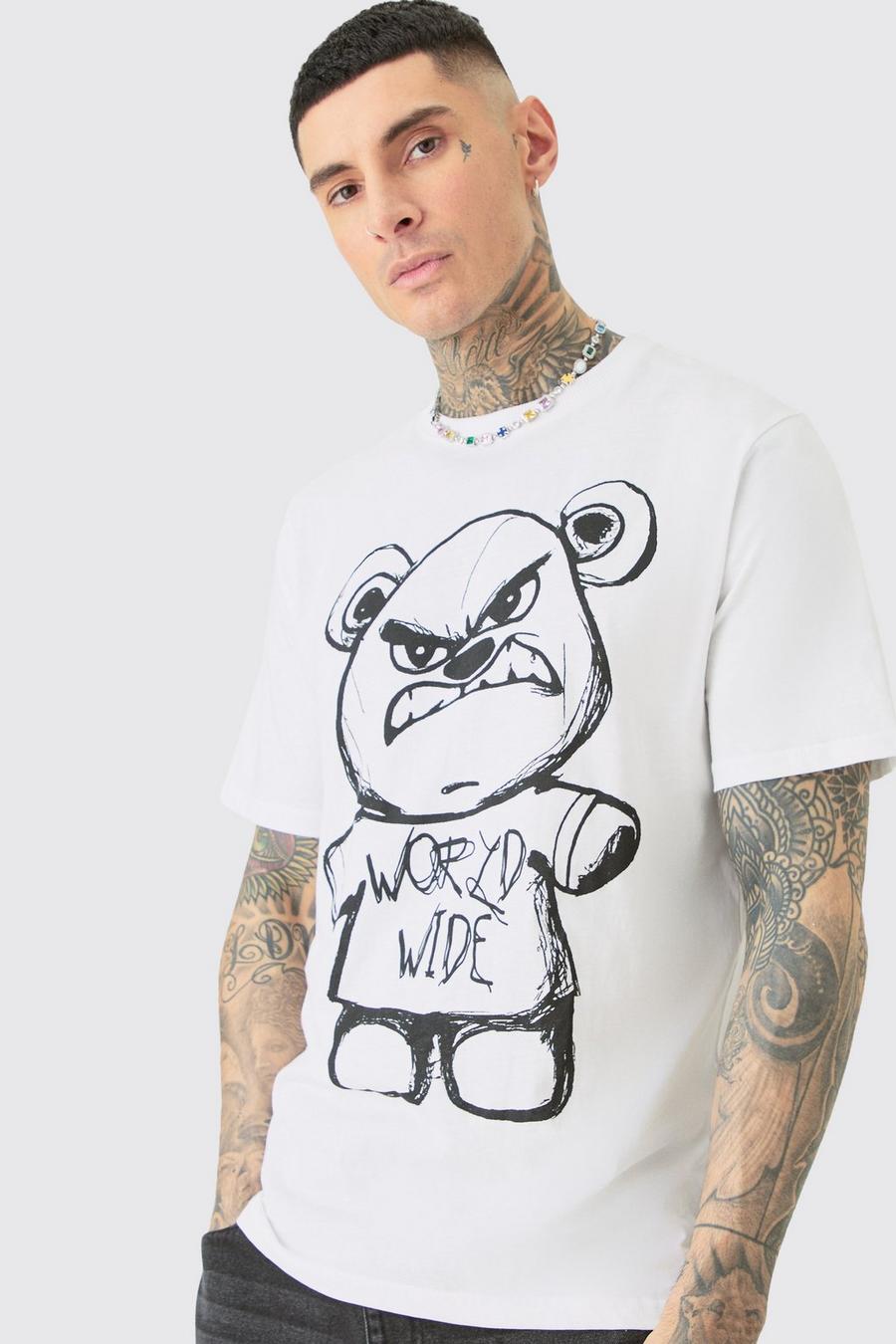 T-shirt Tall oversize bianca con grafica Evil Teddy, White image number 1
