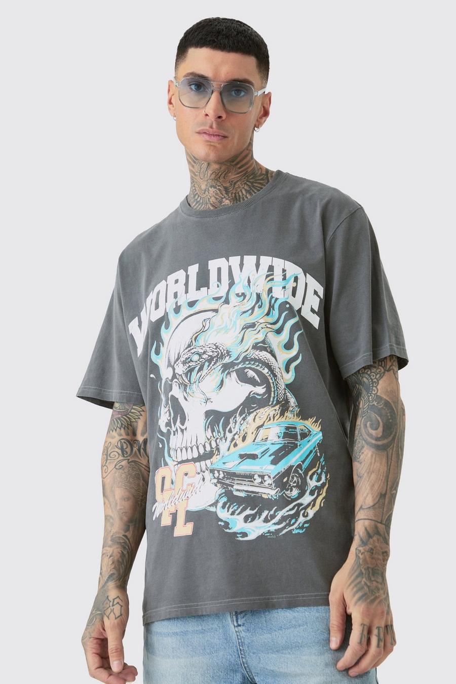 Tall T-Shirt mit Worldwide Gothic Print und Acid Waschung, Grey