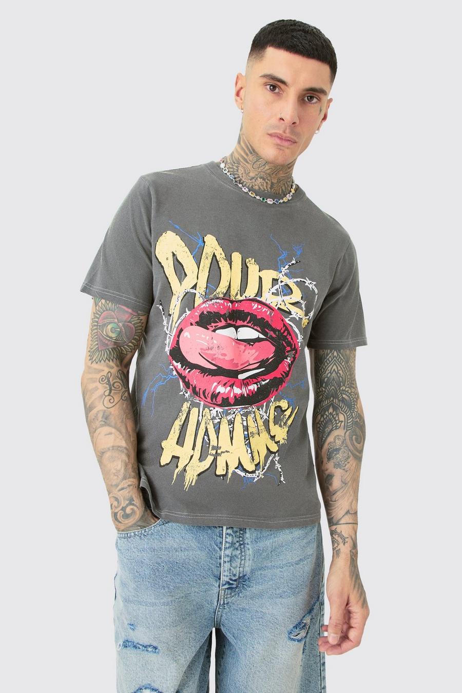 Grey Tall Pour Homme Lips T-shirt In Acid Wash image number 1