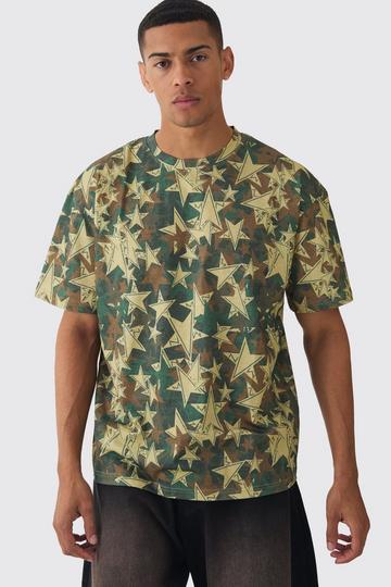 Oversized Extended Neck Star Camo T-shirt khaki