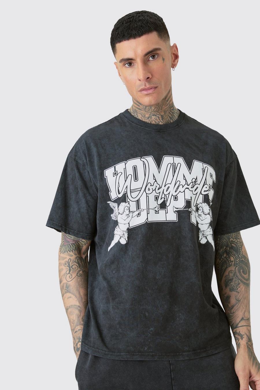Tall Oversize Homme Dept T-Shirt mit Acid-Waschung und Grau, Grey