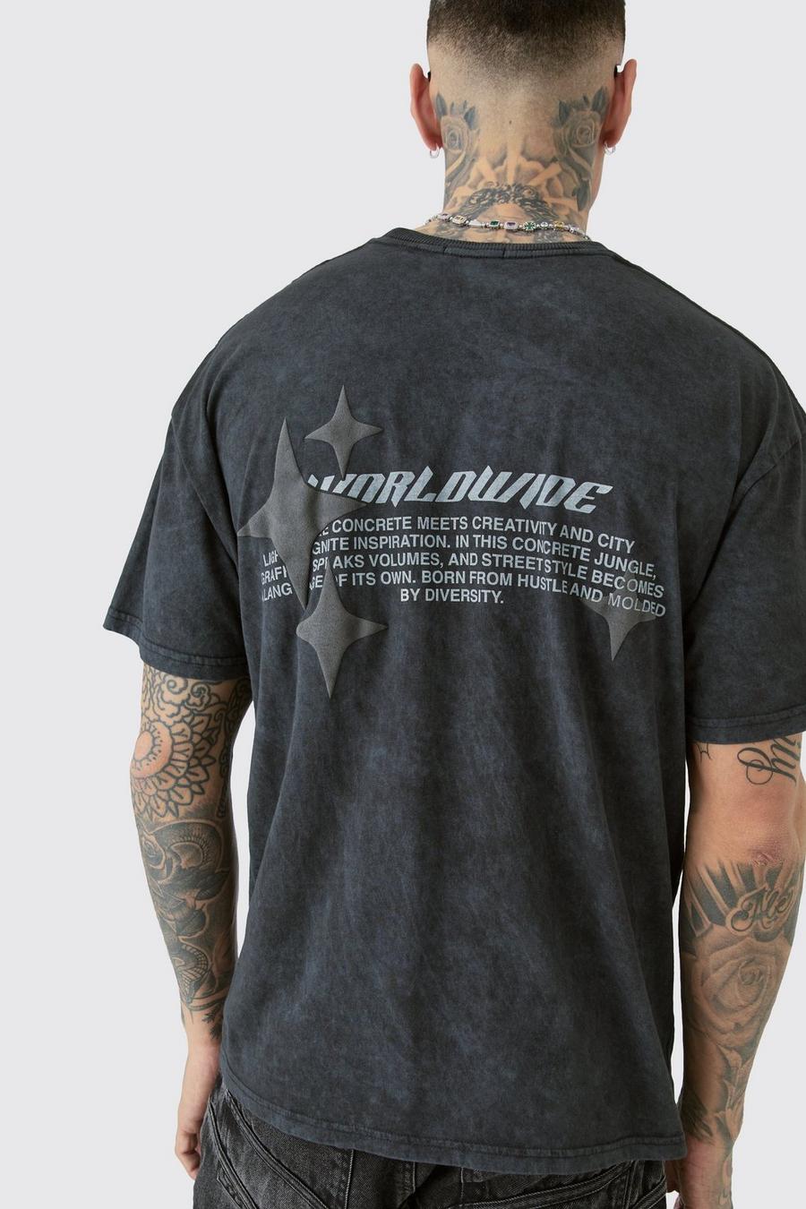 Camiseta Tall oversize con lavado de ácido y estampado Worldwide de estrellas en gris, Grey image number 1