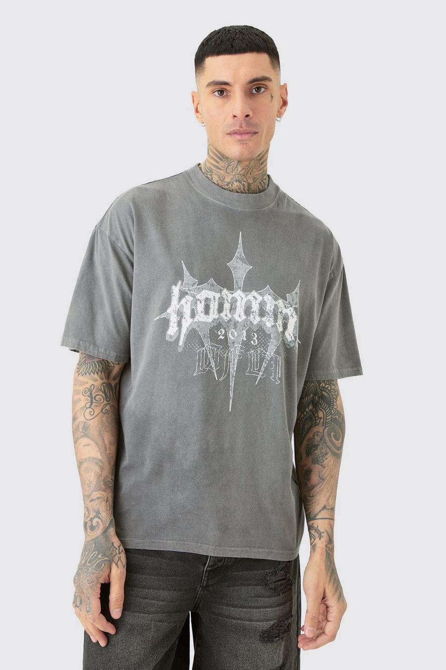 T-shirt Tall oversize Homme grigia con stampa a caratteri arrotondati e croce, Grey
