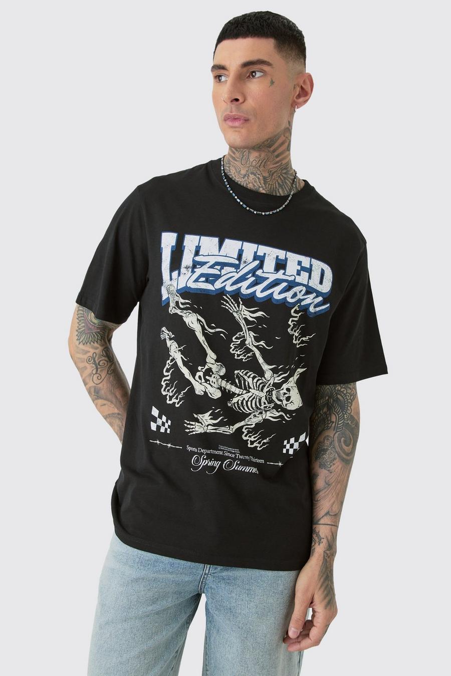 Tall schwarzes Limited Edition T-Shirt mit Skelett-Print, Black